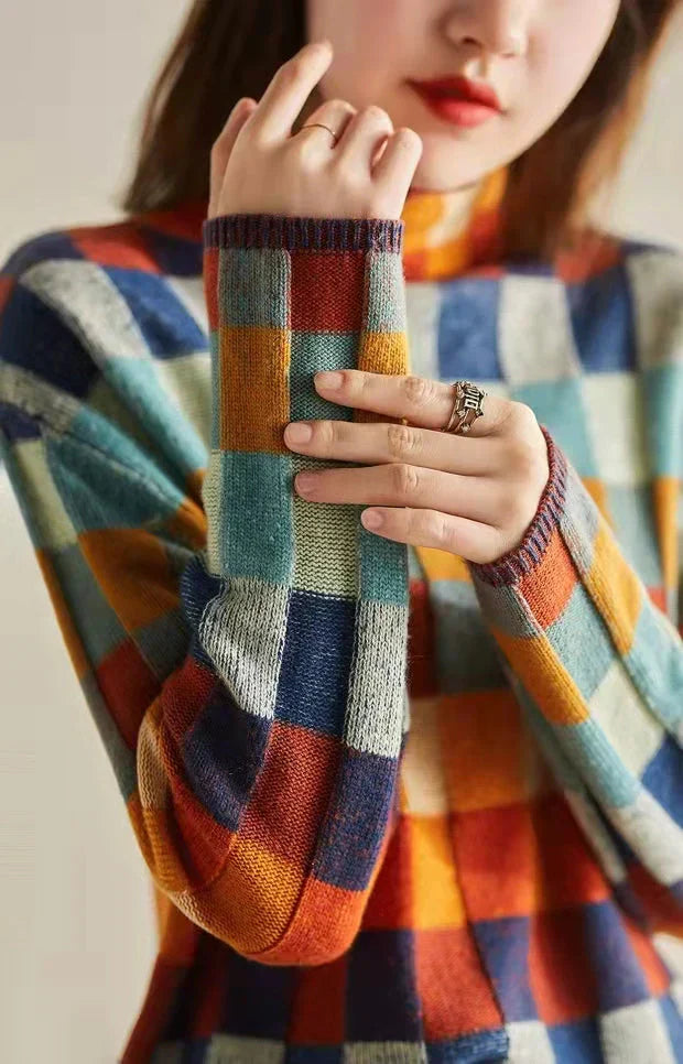 Women's colorful checkered high collar sweater
