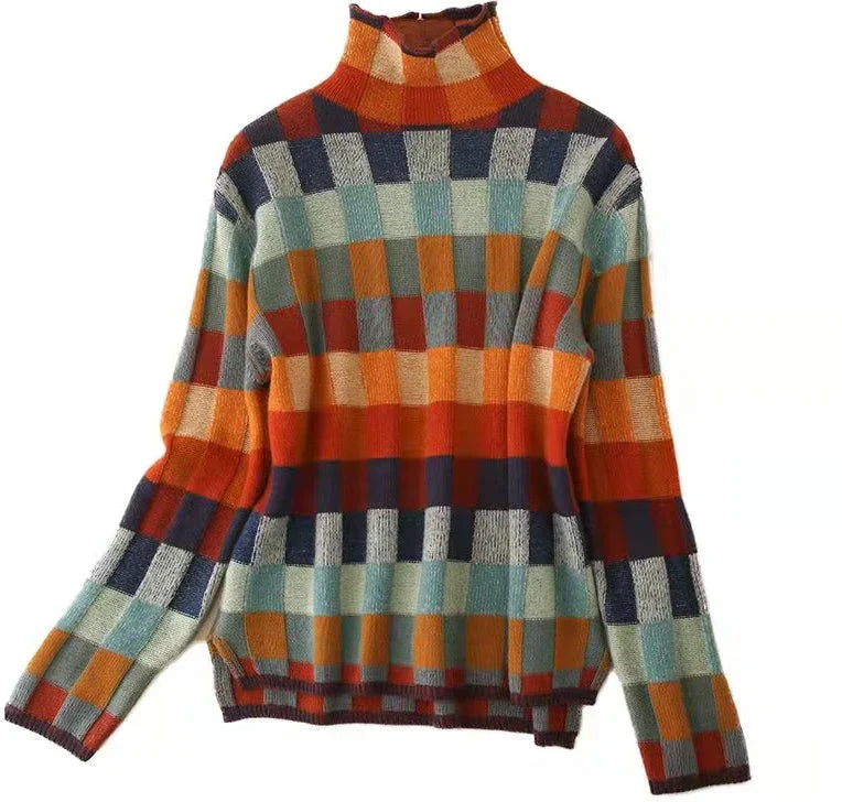 Checkered High Collar Sweater