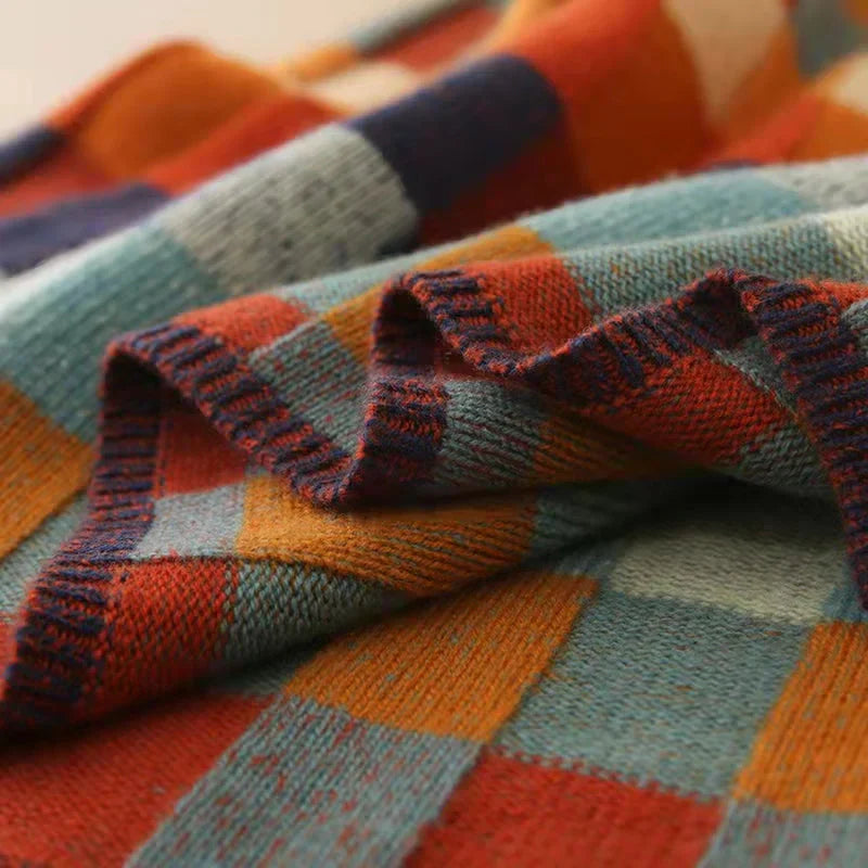 Women's colorful checkered high collar sweater