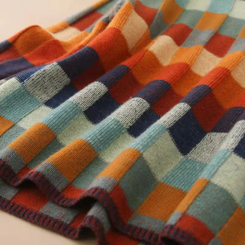 Women's colorful checkered high collar sweater