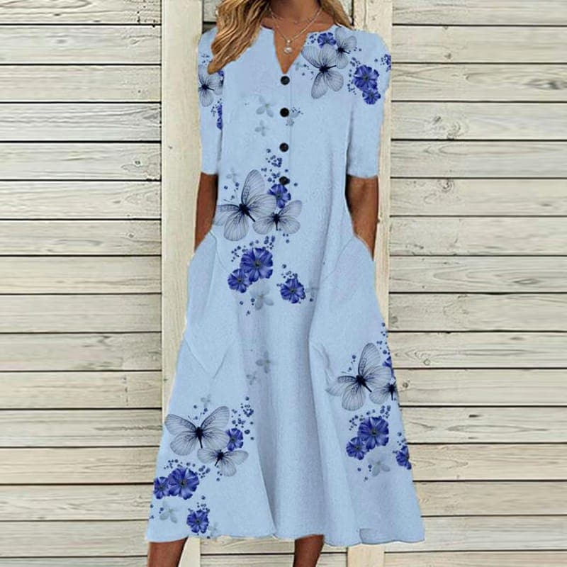 Women’s Midi Dress – V-Neck – Button Down – Floral Butterfly Print – Cotton Blend – Pockets