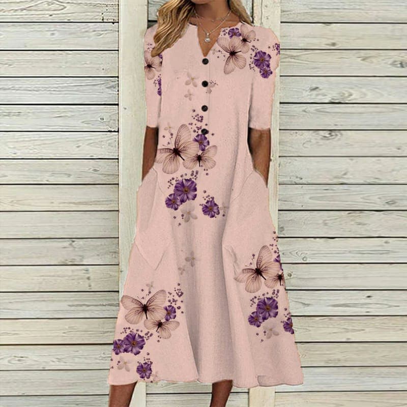 Women’s Midi Dress – V-Neck – Button Down – Floral Butterfly Print – Cotton Blend – Pockets