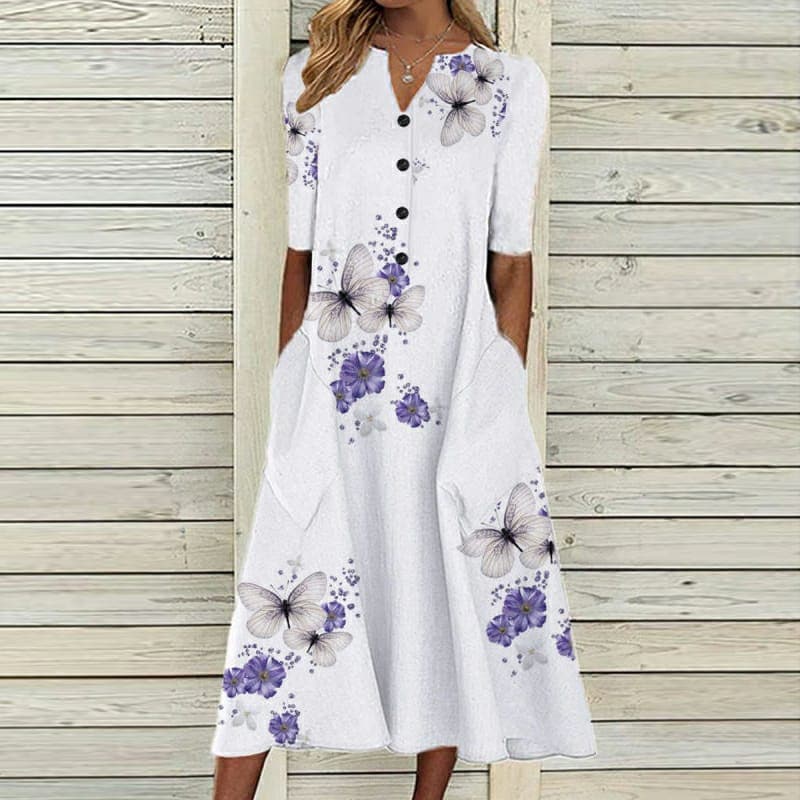 Women’s Midi Dress – V-Neck – Button Down – Floral Butterfly Print – Cotton Blend – Pockets
