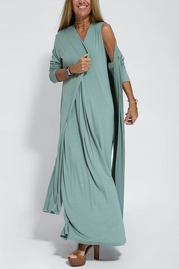 Women’s Sleeveless Dress - V-Neck Flowy Fit - Elegant Pleated Detail