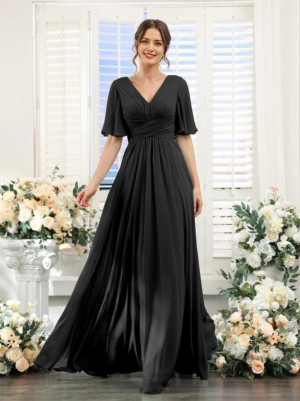 Women's Formal Gown - V-Neck - Short Flutter Sleeves - Ruched Waist - Floor-Length