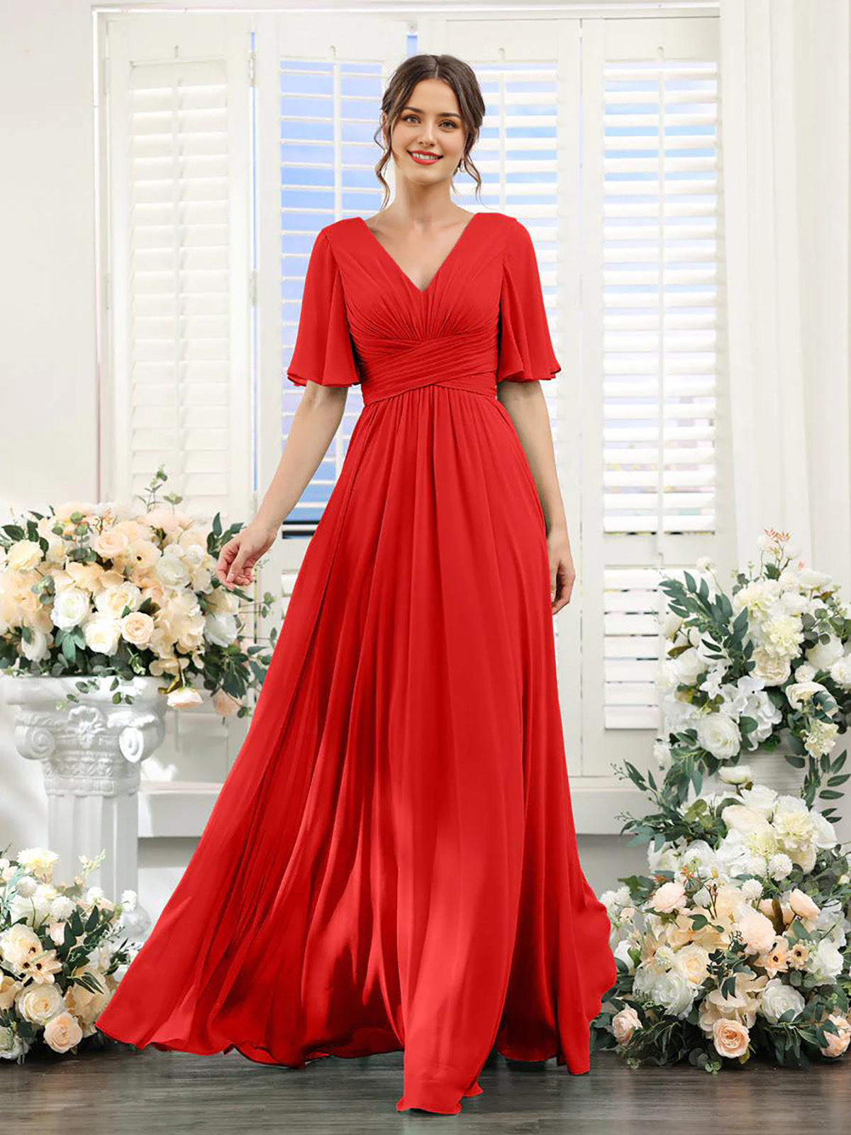 Women's Formal Gown - V-Neck - Short Flutter Sleeves - Ruched Waist - Floor-Length
