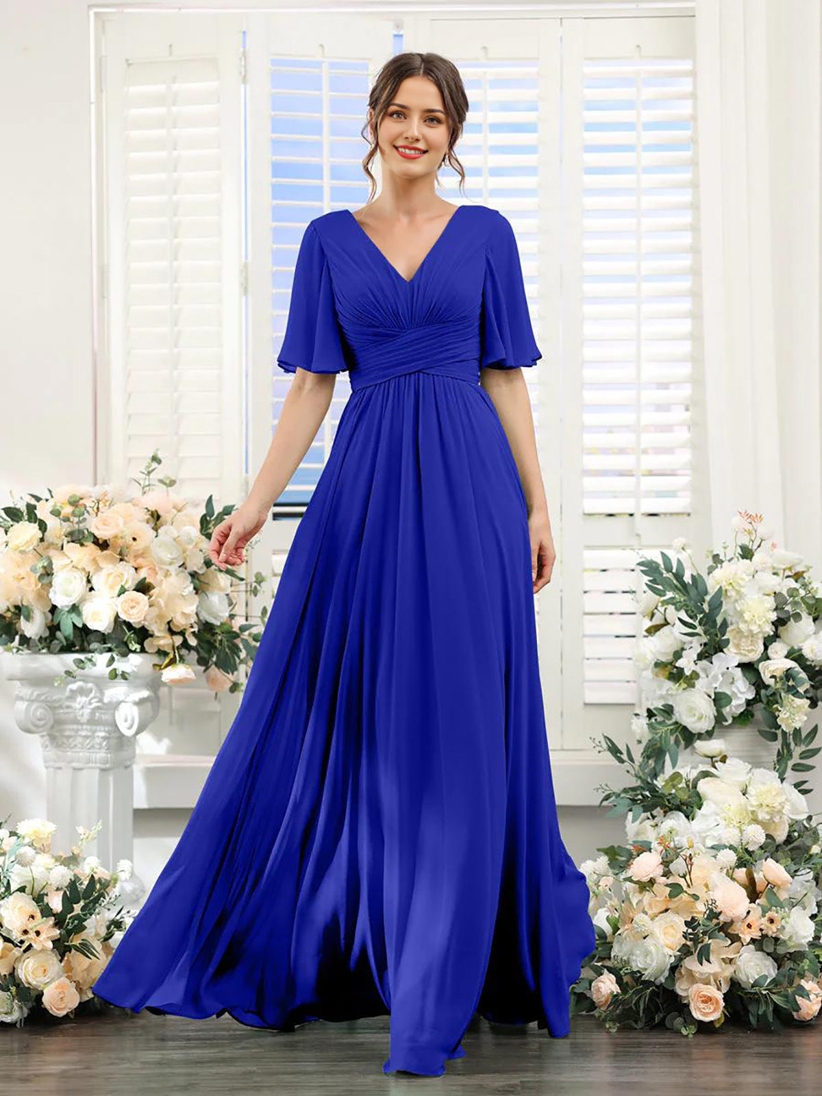 Women's Formal Gown - V-Neck - Short Flutter Sleeves - Ruched Waist - Floor-Length