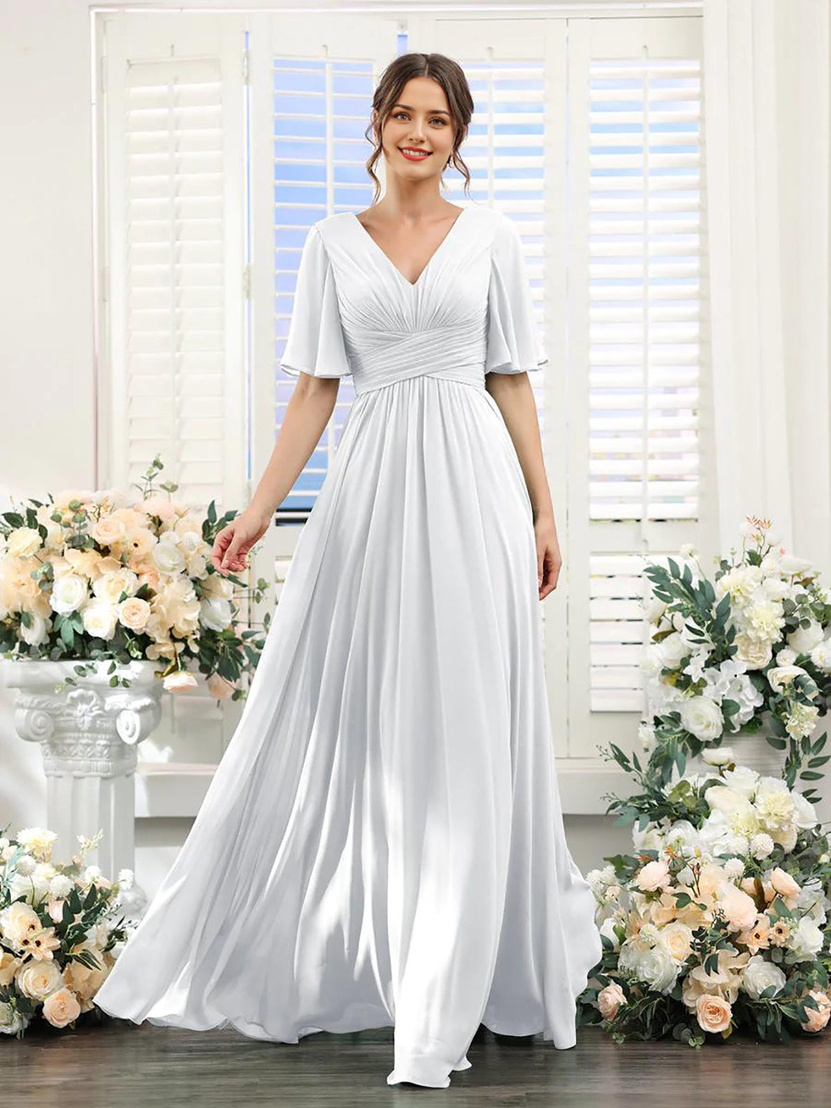 Women's Formal Gown - V-Neck - Short Flutter Sleeves - Ruched Waist - Floor-Length