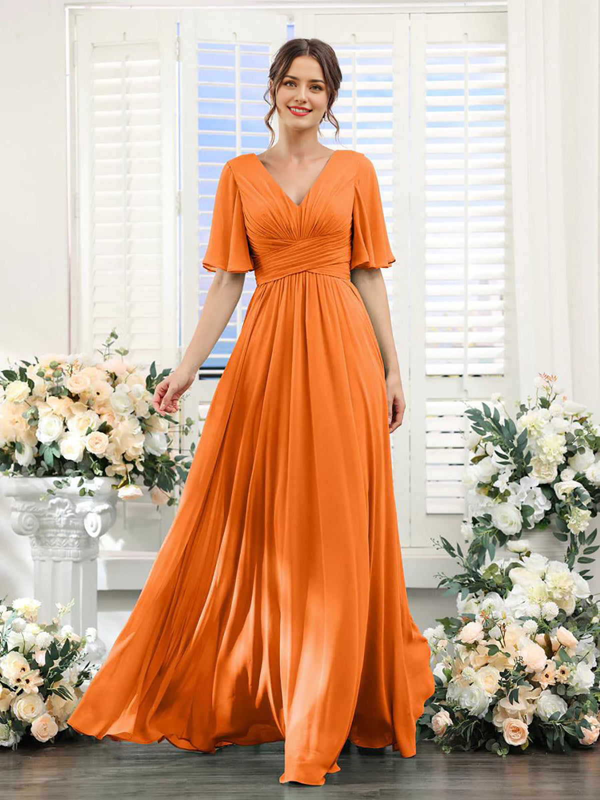 Women's Formal Gown - V-Neck - Short Flutter Sleeves - Ruched Waist - Floor-Length