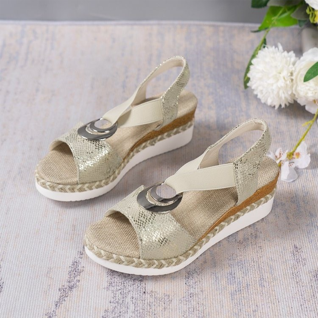 Women's Wedge Orthopedic Sandals - Open Toe - Textured Strap with Metallic Ring - Braided Sole