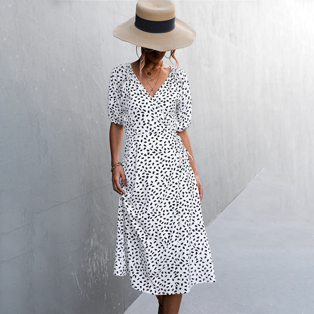 Women's Wrap Dress - Polka Dot Print - Midi Length - Puff Sleeve Elegant Fit