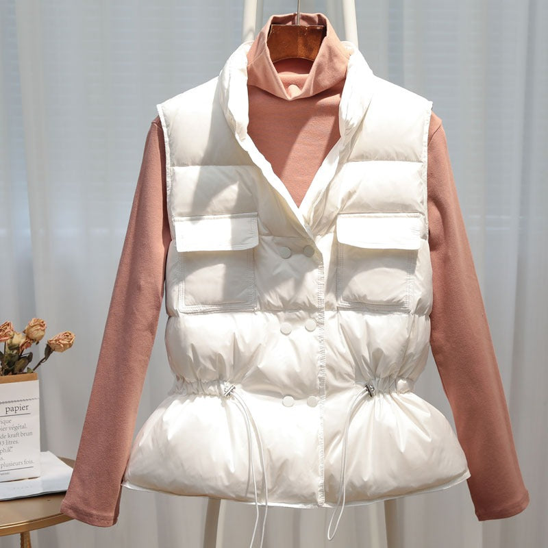 Women’s Puffer Vest – Quilted Fit – Drawstring Waist – Standing Collar – Chest Pockets