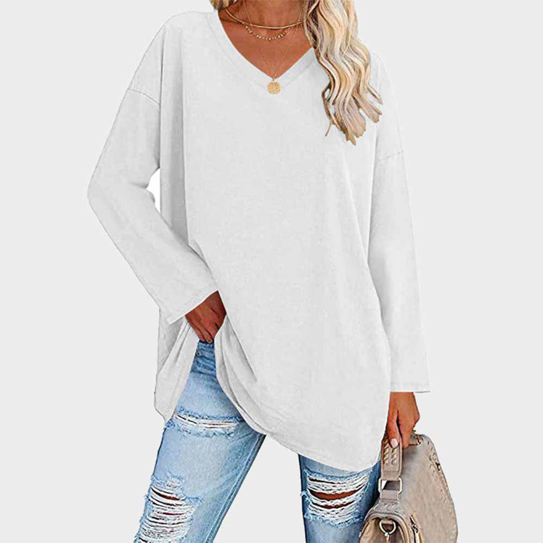 Women's Long-Sleeve Sweater - Loose Fit V-Neck - Soft Knit Casual Tunic
