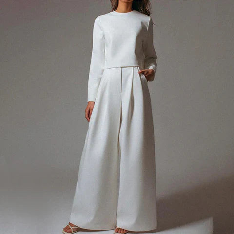 Women's elegant round neck two piece formal set with wide leg trousers