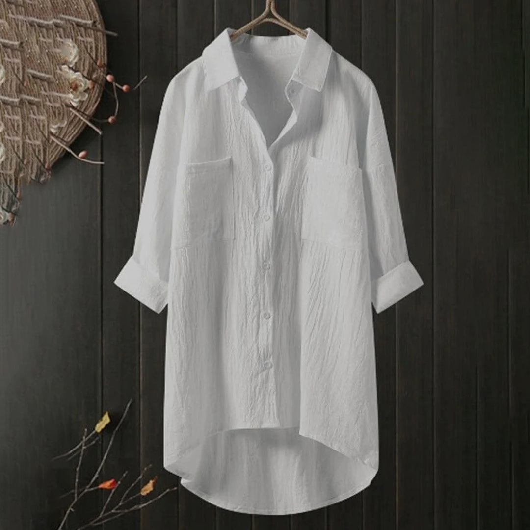 Women's Linen Button-Up Shirt - Oversized Fit - Long Sleeve - High-Low Hem - Casual Wear