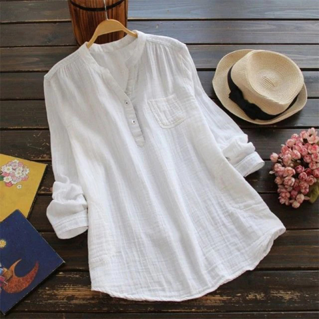 Women’s Long-Sleeve Tunic Shirt - Cotton Blend - Mandarin Collar - Relaxed Fit