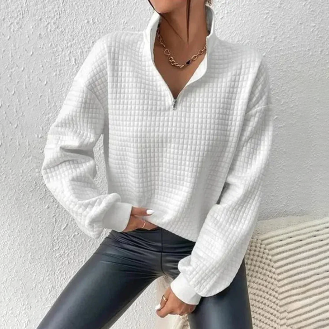 Waffle Knit Stand Collar Sweatshirt With Zipper