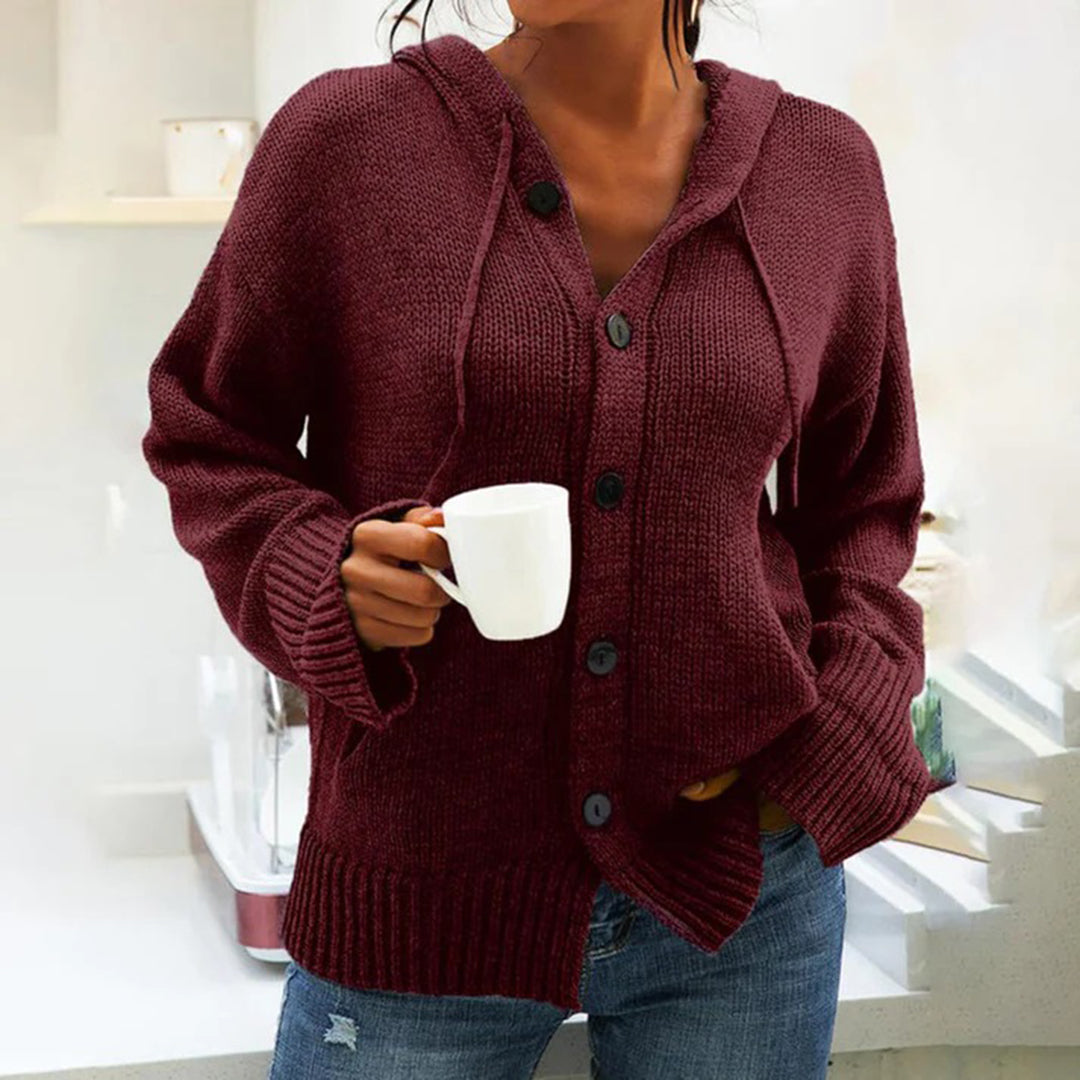 Women's solid color hooded button-down knitted cardigan