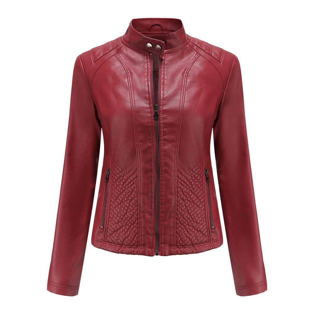 Women's casual leather stand collar jacket