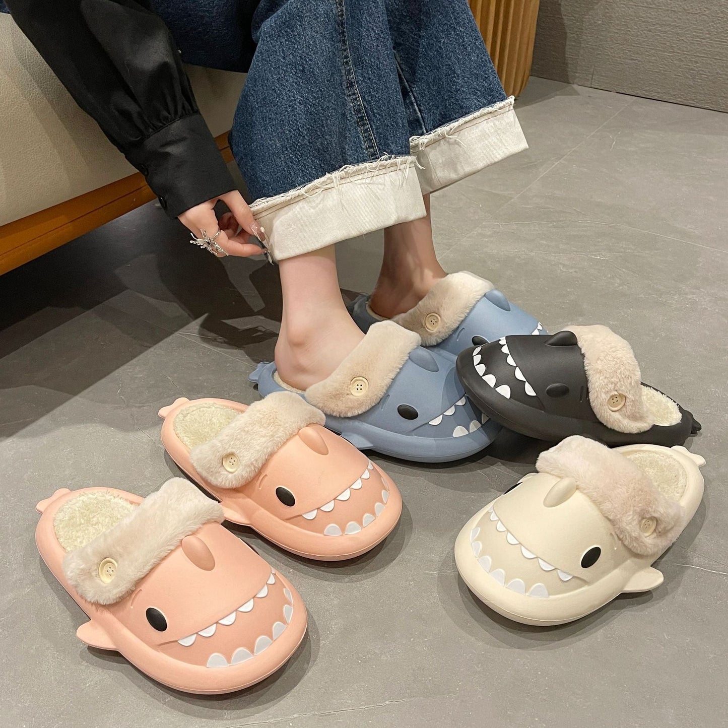 Women's shark head waterproof indoor non-slip plush slippers