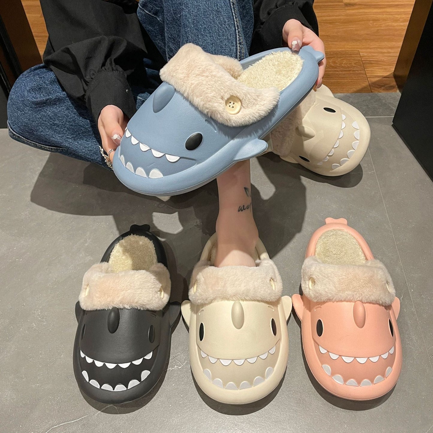 Women's shark head waterproof indoor non-slip plush slippers
