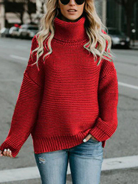 Women's thick line high-neck knitted pullover sweater