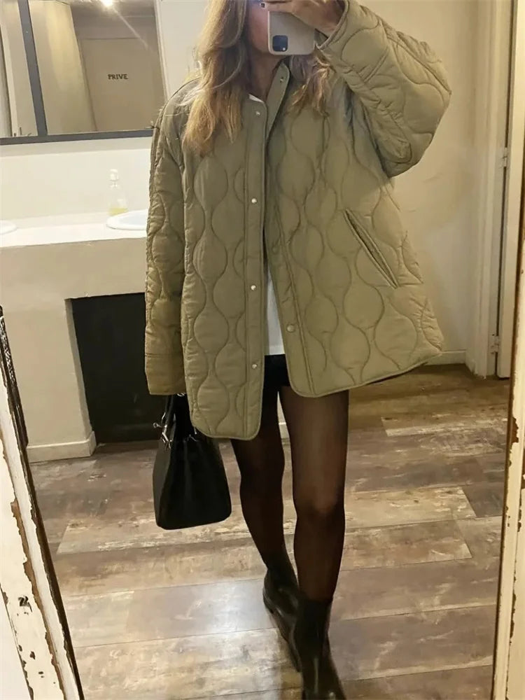 Women's autumn winter round neck loose snap button jacket