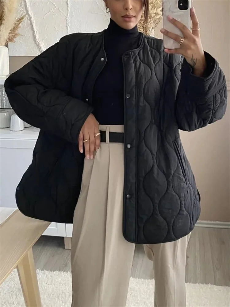 Women's autumn winter round neck loose snap button jacket
