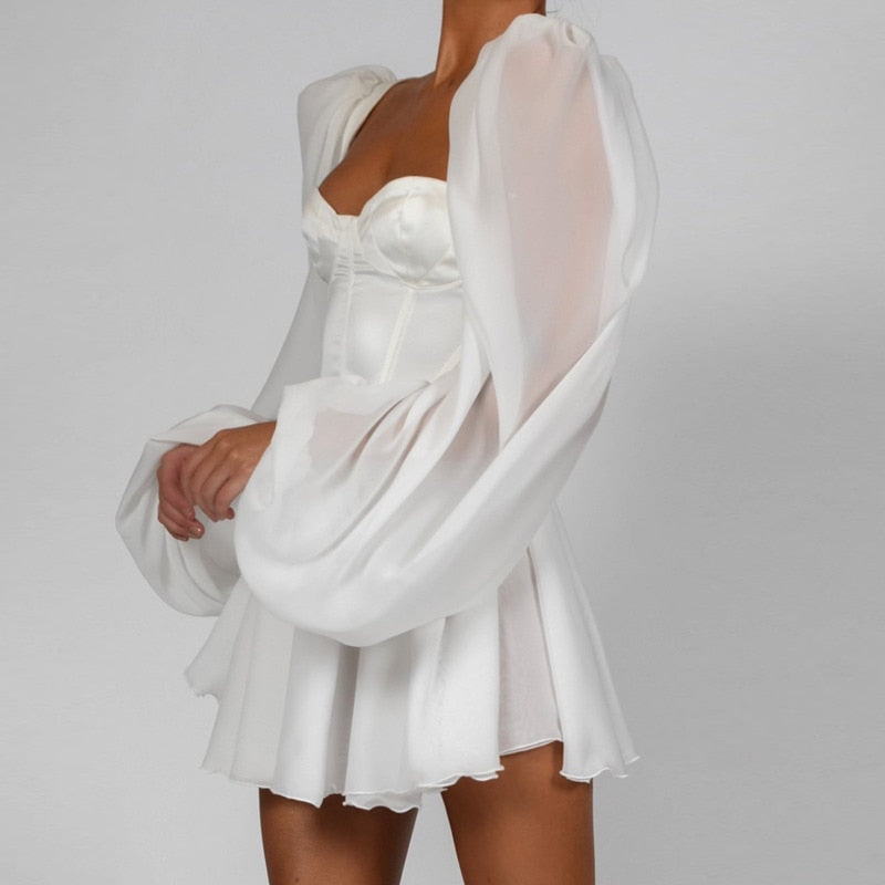 Women's Mini Dress - Corset Bodice - Sweetheart Neckline - Sheer Puff Sleeves