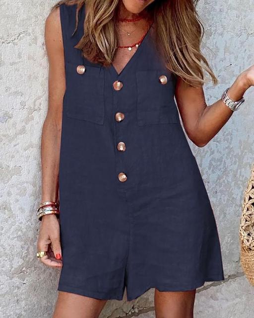 Women's Sleeveless Romper - V-Neck Button Down - Lightweight Linen Blend - Casual Fit