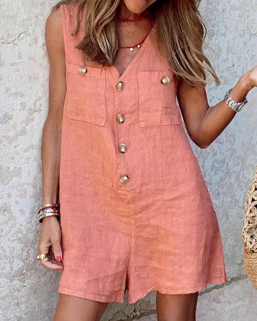 Women's Sleeveless Romper - V-Neck Button Down - Lightweight Linen Blend - Casual Fit