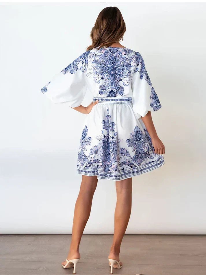 Women's A-Line Mini Dress - Fitted Waist - Balloon Sleeves - Elegant Floral Pattern