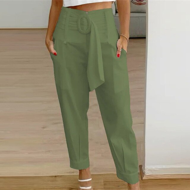 Women's High-Waisted Trousers - Tailored Fit - Pleated Design - Belted Waist