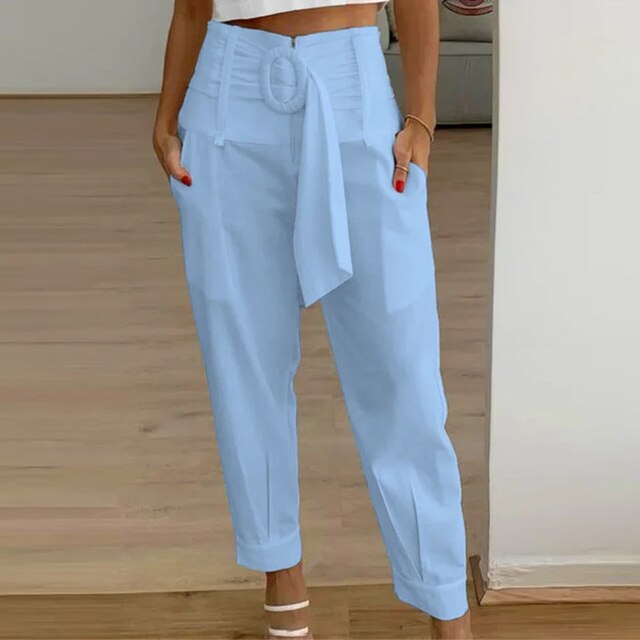 Women's High-Waisted Trousers - Tailored Fit - Pleated Design - Belted Waist