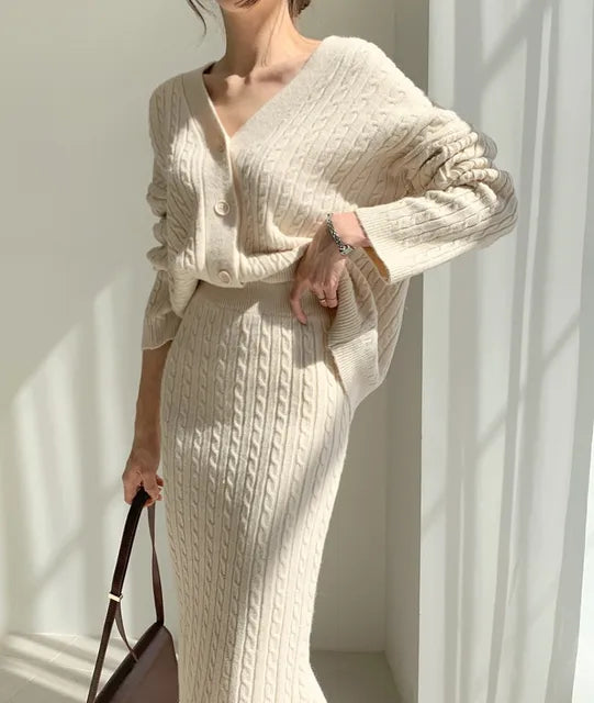 Women's slim fit knitted cardigan and skirt set