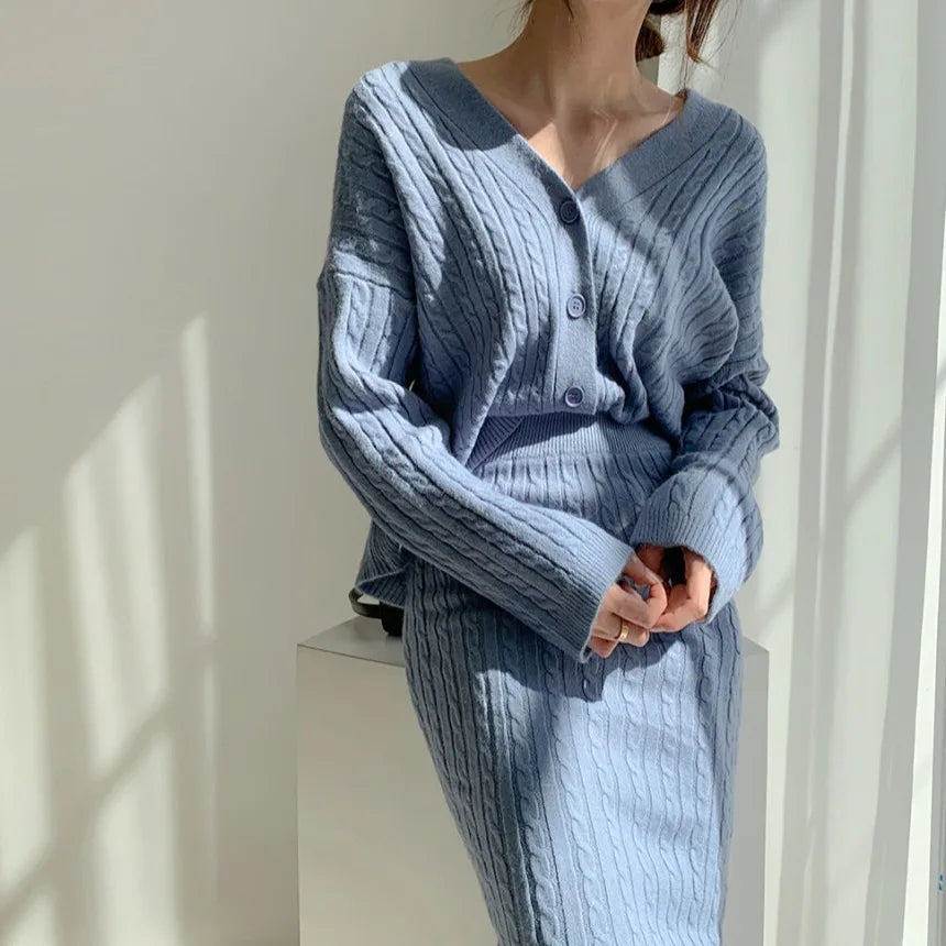 Women's slim fit knitted cardigan and skirt set