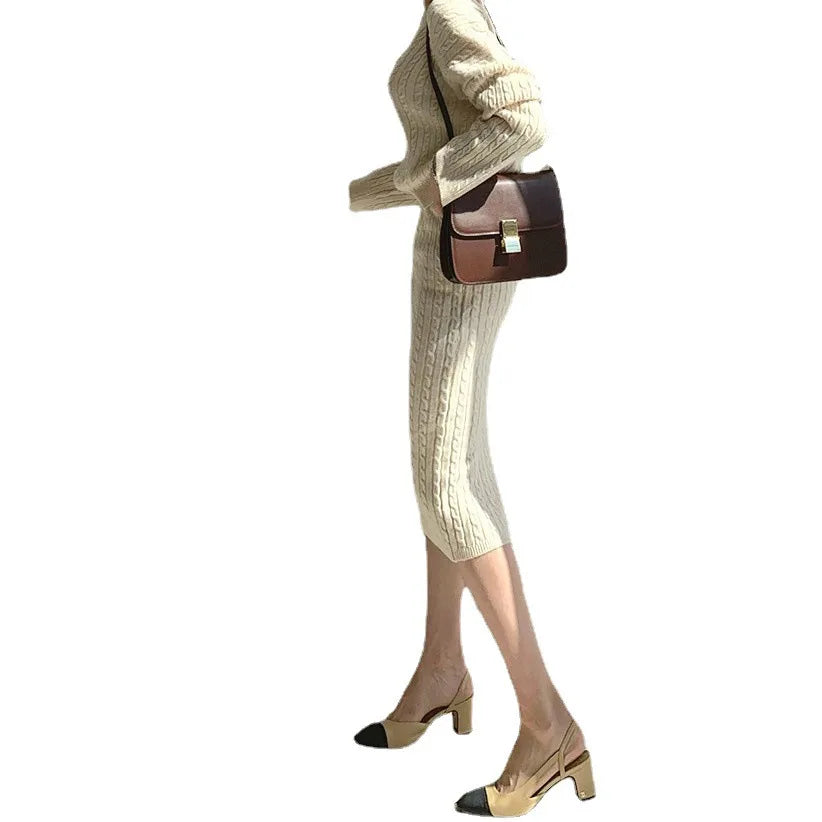 Women's slim fit knitted cardigan and skirt set