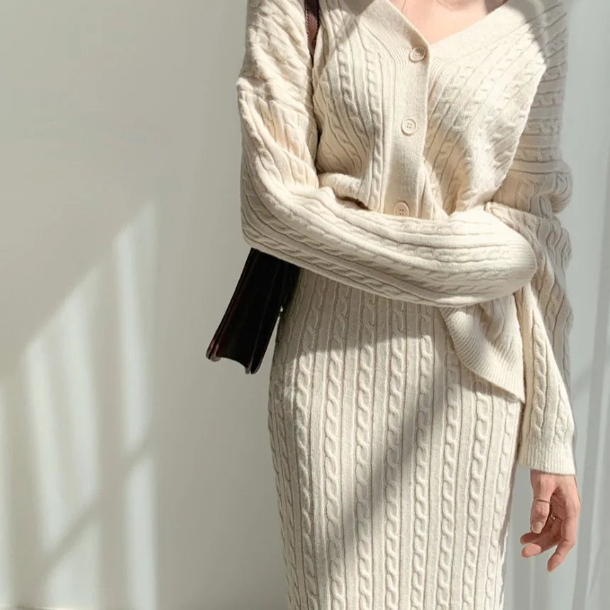 Women's slim fit knitted cardigan and skirt set