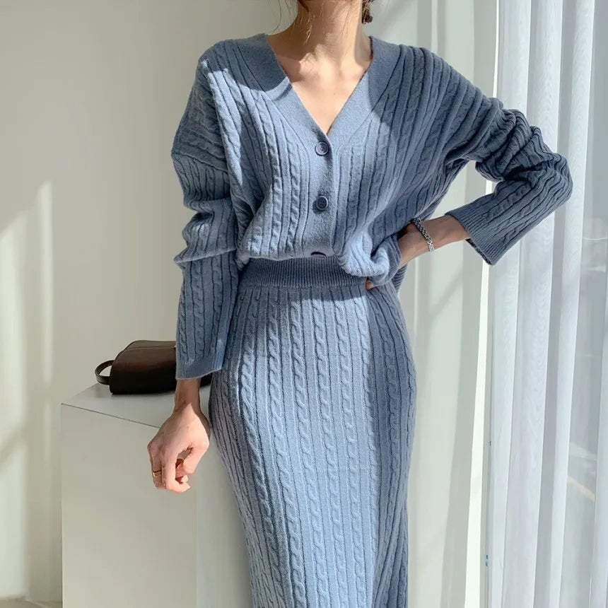 Women's slim fit knitted cardigan and skirt set