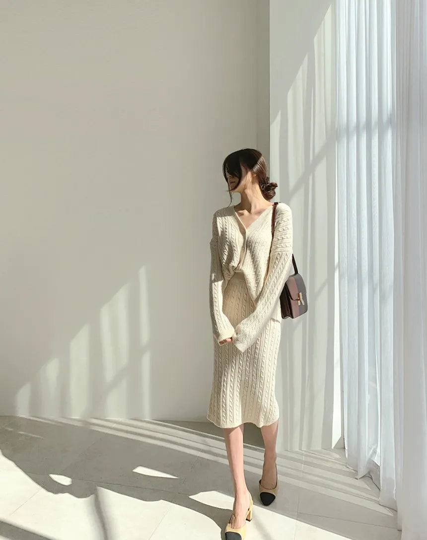 Women's slim fit knitted cardigan and skirt set