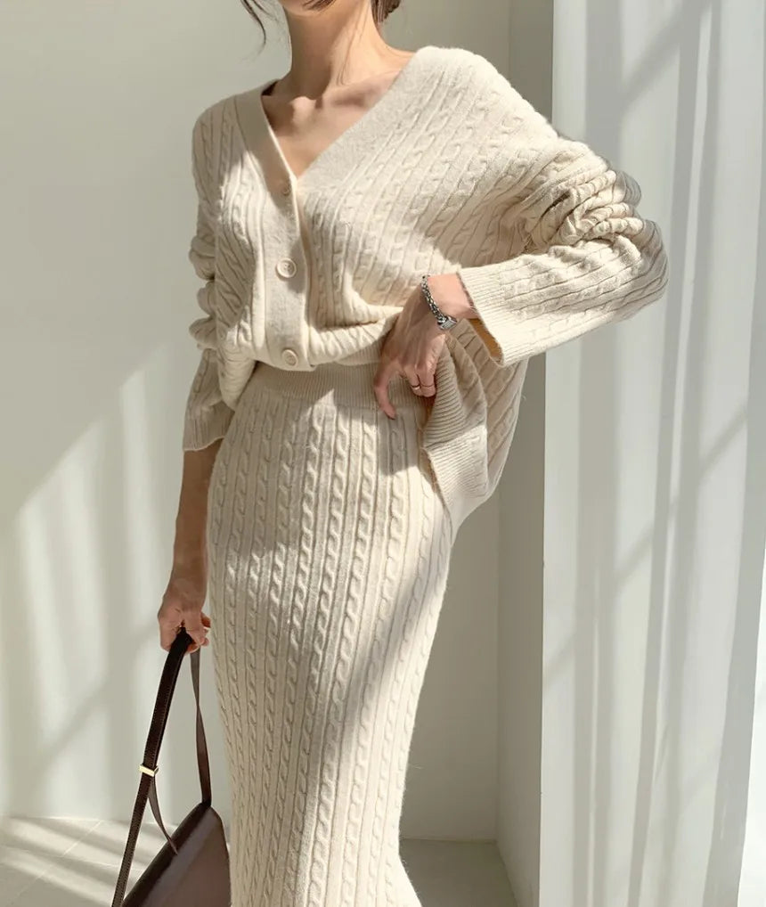 Women's slim fit knitted cardigan and skirt set