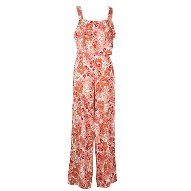 Women's Jumpsuit - Wide-Leg - Sleeveless Spaghetti Straps - Floral Print Casual Wear