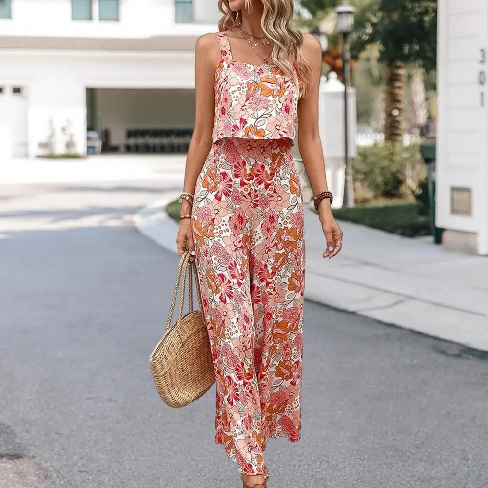 Women's Jumpsuit - Wide-Leg - Sleeveless Spaghetti Straps - Floral Print Casual Wear