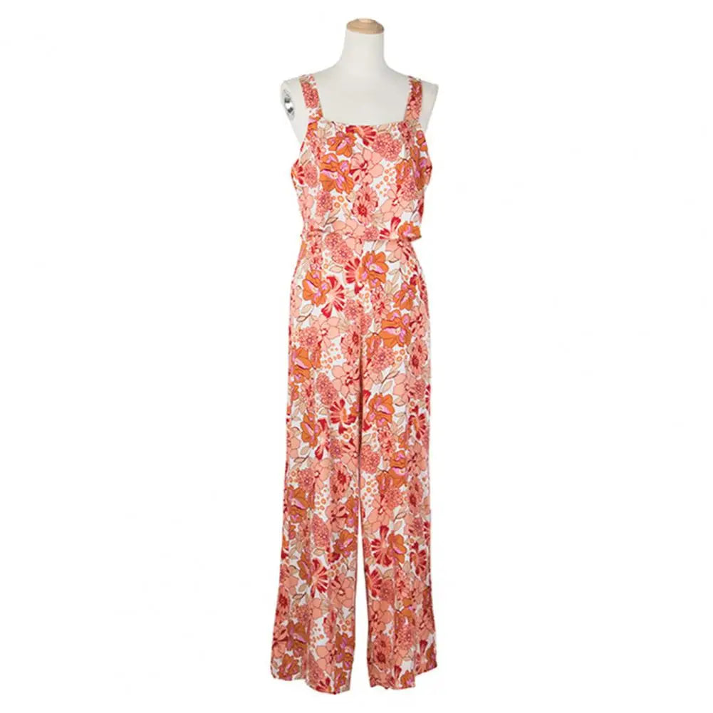 Women's Jumpsuit - Wide-Leg - Sleeveless Spaghetti Straps - Floral Print Casual Wear