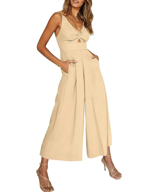 Women's Jumpsuit - V-Neck Sleeveless - Cut-Out Detail - Wide-Leg Flowy Fit