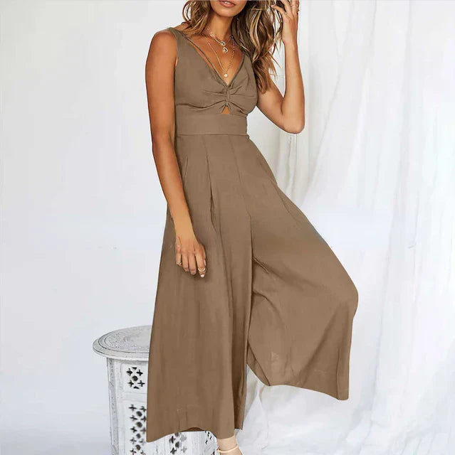 Women's Jumpsuit - V-Neck Sleeveless - Cut-Out Detail - Wide-Leg Flowy Fit
