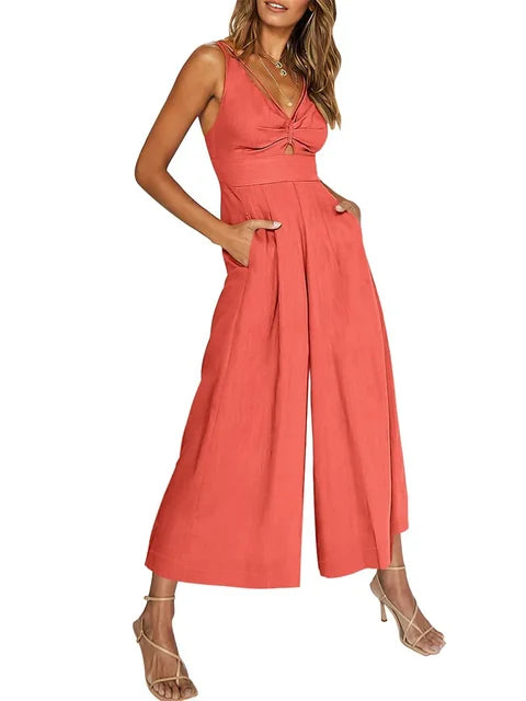 Women's Jumpsuit - V-Neck Sleeveless - Cut-Out Detail - Wide-Leg Flowy Fit