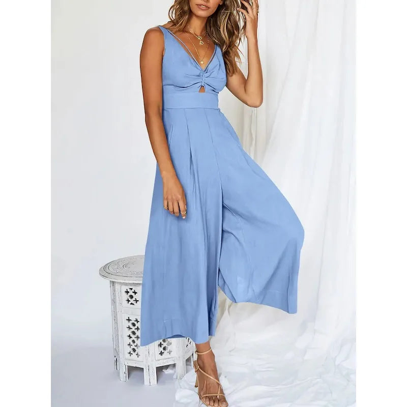 Women's Jumpsuit - V-Neck Sleeveless - Cut-Out Detail - Wide-Leg Flowy Fit
