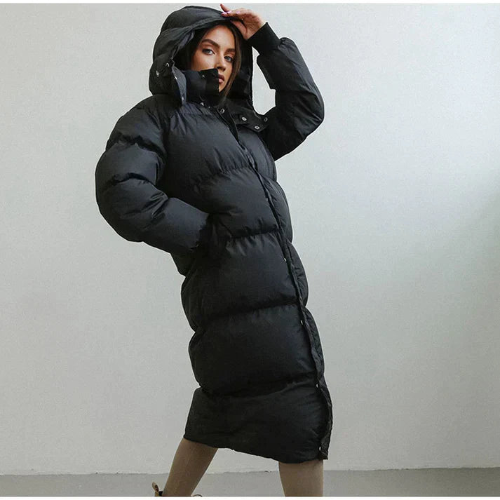 Women’s Long Puffer Jacket – Oversized Fit – Quilted Insulated – Full Zip High Collar