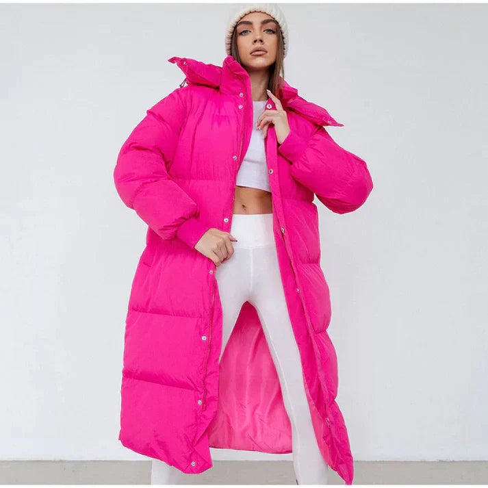 Women’s Long Puffer Jacket – Oversized Fit – Quilted Insulated – Full Zip High Collar